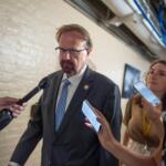 Rep. Chuck Edwards, R-N.C., who is under threat of censure, is met by reporters as he walks to a closed-door meeting with Republican lawmakers at the Capitol in Washington, Tuesday, Sept. 1, 2026. (AP Photo/J. Scott Applewhite)