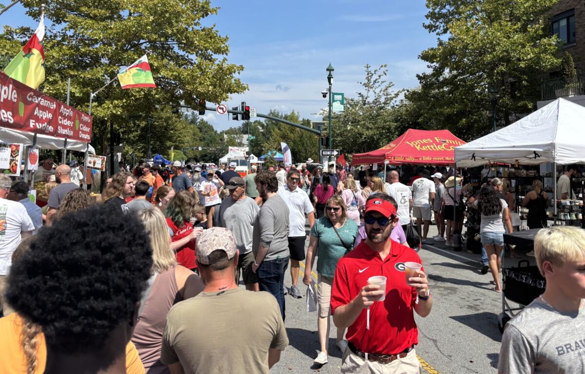 Festivalgoers enjoy the sights, sounds and food at the annual North Carolina Apple Festival in downtown Hendersonville.