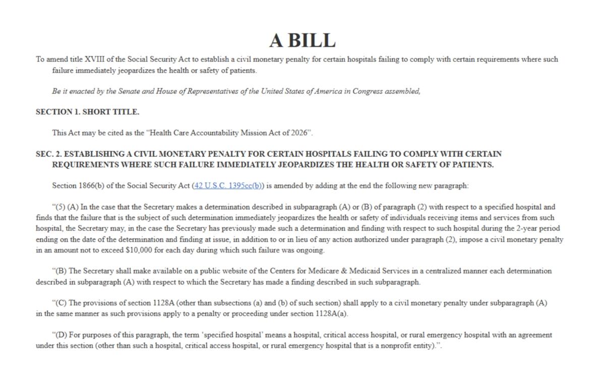 U.S. Rep. Chuck Edwards has introduced the Health Care Accountability Mission Act of 2026, legislation that would allow federal regulators to impose fines of up to $10,000 a day on certain hospitals with repeated “immediate jeopardy” findings.