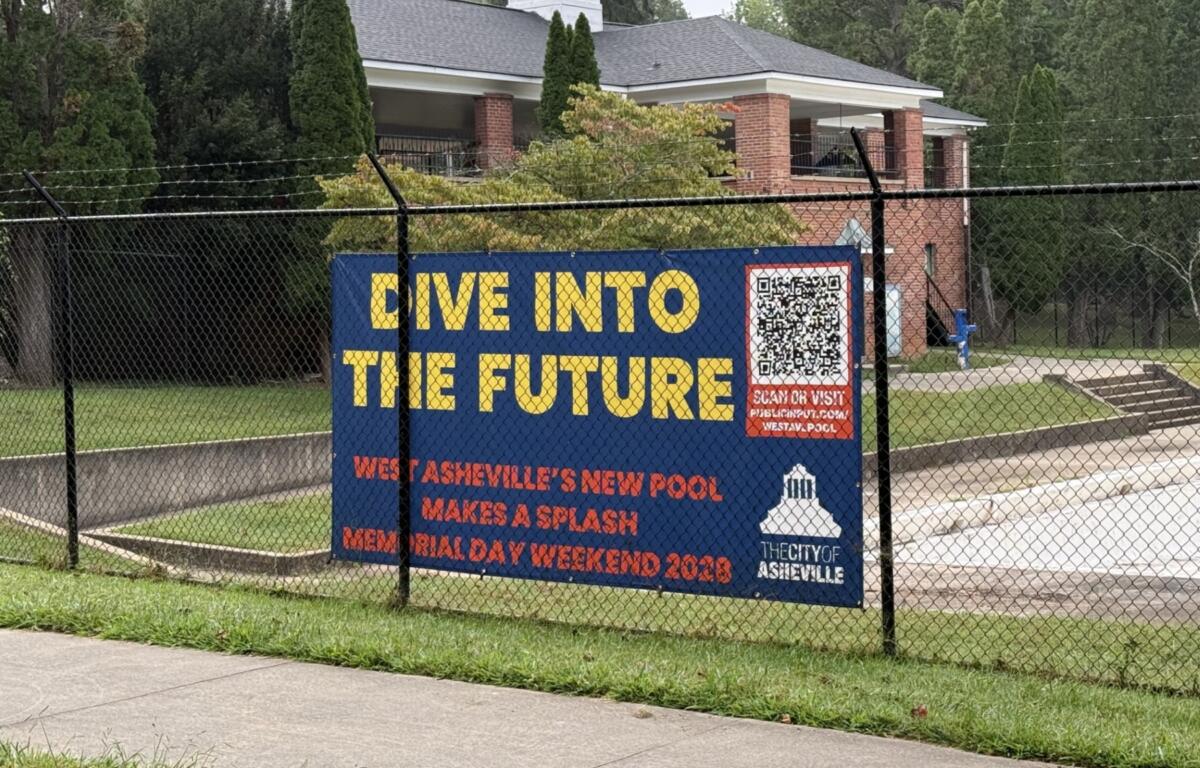 The Malvern Hills Park pool sits empty in West Asheville on Sept. 1, 2026. The pool has been closed since 2024 while the city plans to replace the aging facility with a new pool targeted to open in summer 2028.