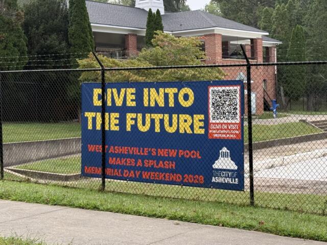 The Malvern Hills Park pool sits empty in West Asheville on Sept. 1, 2026. The pool has been closed since 2024 while the city plans to replace the aging facility with a new pool targeted to open in summer 2028.