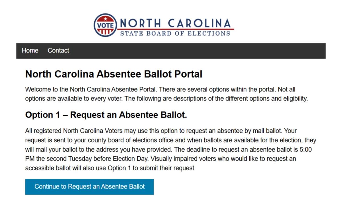 North Carolina voters can request an absentee ballot through the State Board of Elections' online portal. The deadline for most voters to request a ballot for the Nov. 3 general election is 5 p.m. Tuesday, Oct. 20. (Screenshot/North Carolina State Board of Elections)