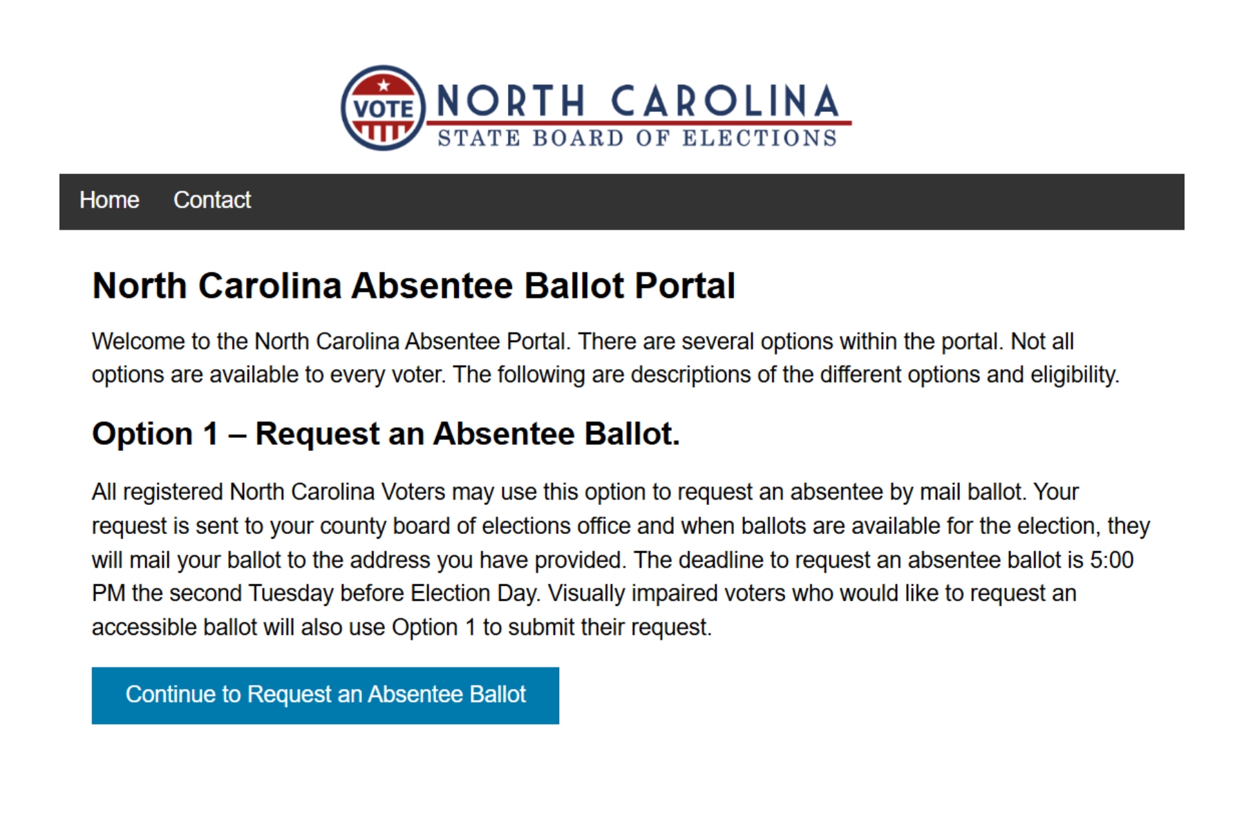 North Carolina voters can request an absentee ballot through the State Board of Elections' online portal. The deadline for most voters to request a ballot for the Nov. 3 general election is 5 p.m. Tuesday, Oct. 20. (Screenshot/North Carolina State Board of Elections)