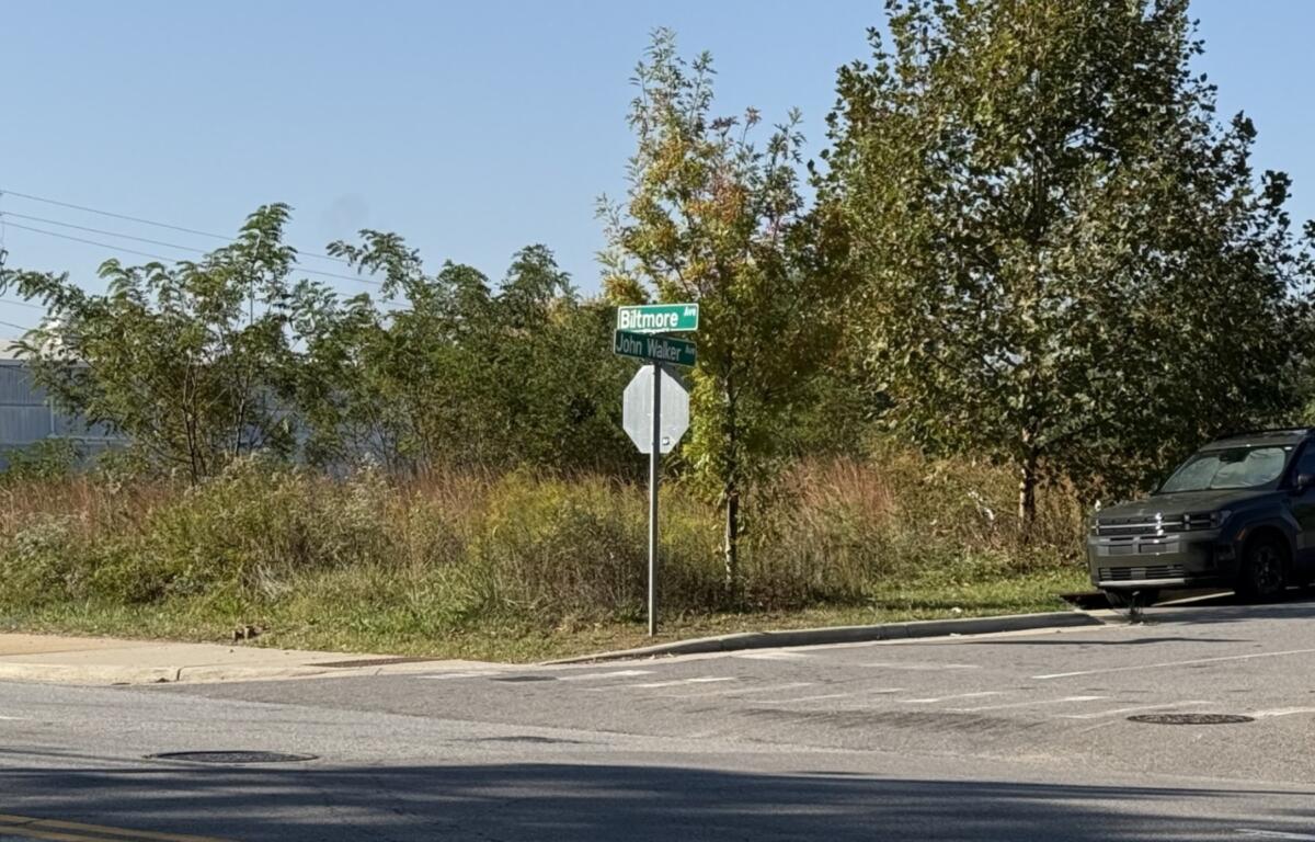 The intersection of Biltmore Avenue and John Walker Avenue in Asheville, near the site of a proposed 112-unit affordable apartment development. Asheville City Council authorized financing for the project Oct. 13, with construction expected to begin in December 2026.