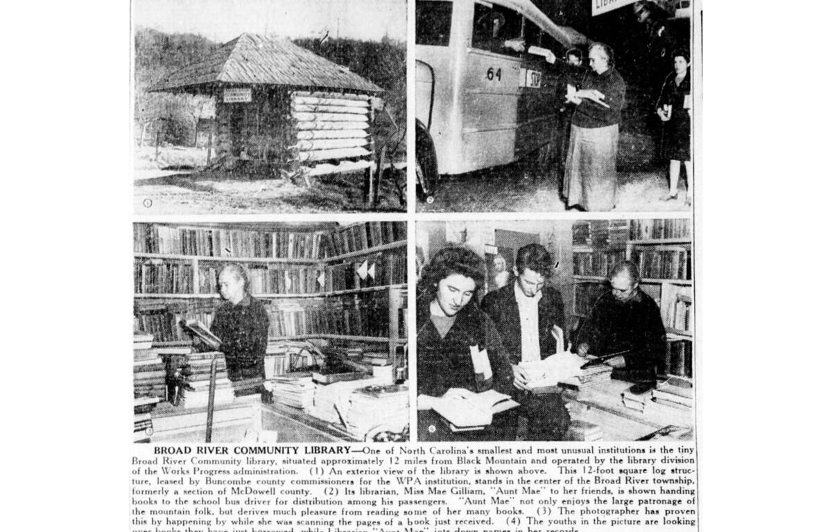 A 1942 Asheville Citizen-Times photo spread shows the tiny Broad River Community Library, librarian Nora Mae “Aunt Mae” Gilliam handing books to a school bus driver, Gilliam inside the book-filled library and patrons browsing its collection. (Asheville Citizen-Times, Jan. 4, 1942/Newspapers.com)
