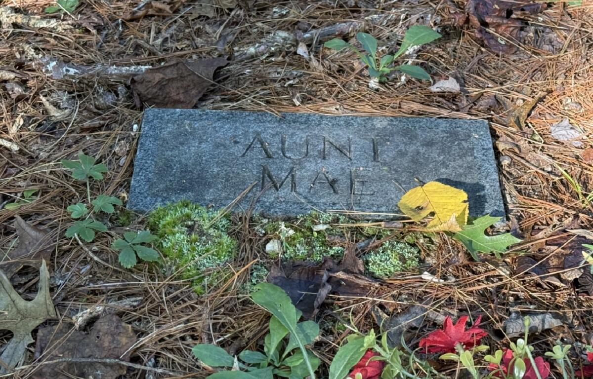 A small footstone reading “Aunt Mae” rests at the foot of Nora Mae Gilliam’s grave in the Ledbetter-Gilliam Family Cemetery, a reminder of the name by which she was known in the Broad River community.