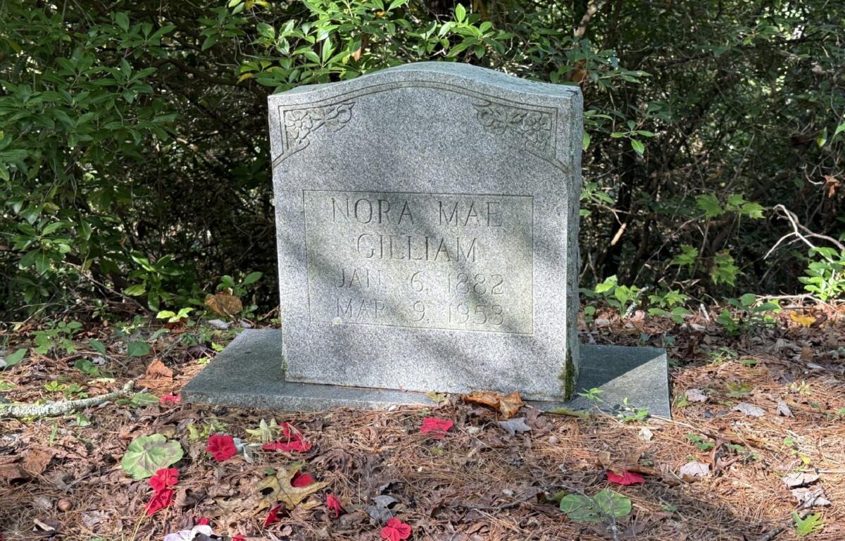 Nora Mae “Aunt Mae” Gilliam’s headstone in the Ledbetter-Gilliam Family Cemetery marks her life from Jan. 6, 1882, to March 9, 1953. Gilliam operated the Broad River Community Library beginning in 1938.