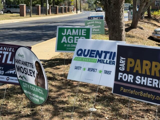 Campaign signs line a roadside ahead of the Nov. 3 election