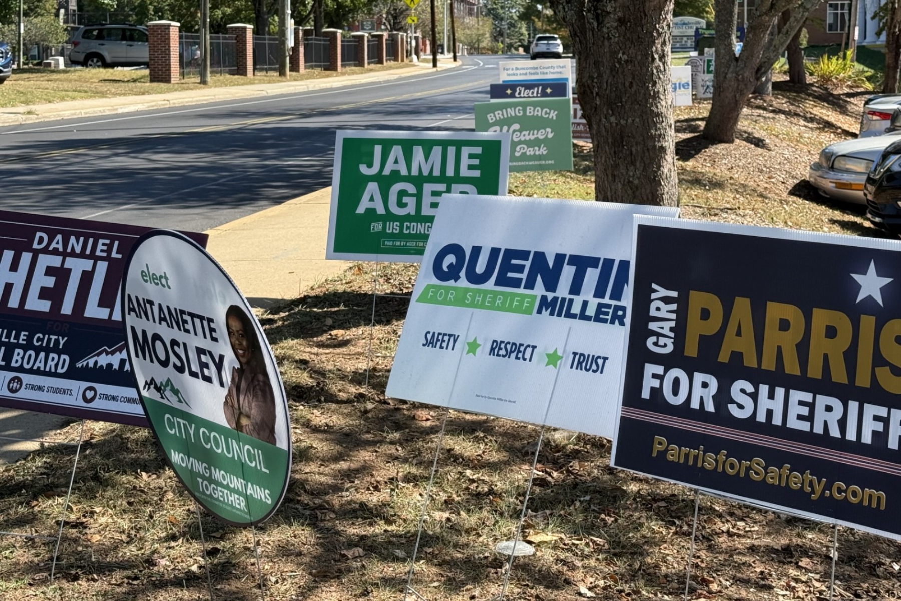 Campaign signs line a roadside ahead of the Nov. 3 election