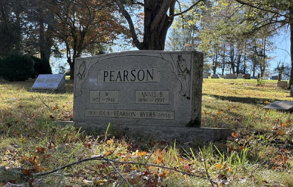 Edward Walton Pearson Sr., who helped establish West Asheville's Burton Street neighborhood, is buried alongside family members at Violet Hill Cemetery in Asheville. His wife, Annis, and daughter Iola Pearson Byers are also memorialized on the headstone.
