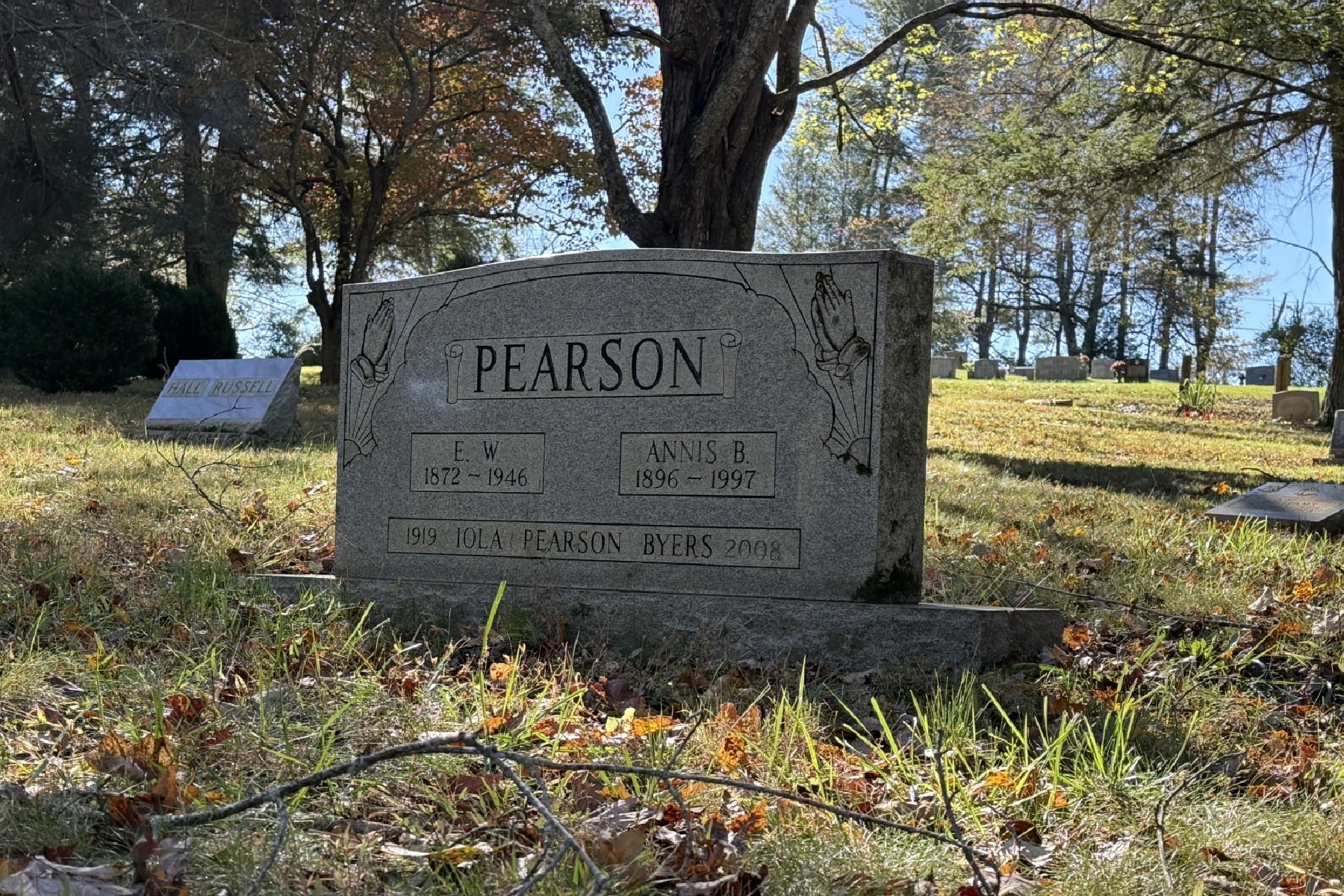 Edward Walton Pearson Sr., who helped establish West Asheville's Burton Street neighborhood, is buried alongside family members at Violet Hill Cemetery in Asheville. His wife, Annis, and daughter Iola Pearson Byers are also memorialized on the headstone.
