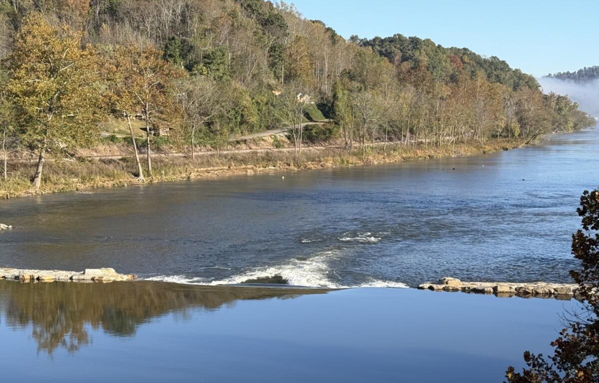 Taylor's Wave creates a standing wave on the French Broad River in Woodfin. The $4.8 million whitewater attraction opened in October 2026 after years of planning and construction delays caused by Tropical Storm Helene.