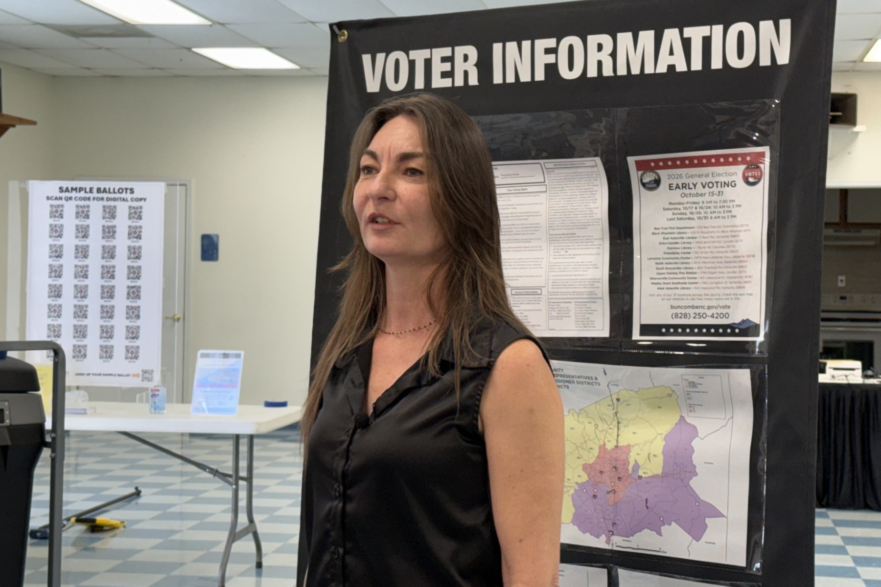 Buncombe County Elections Director Corinne Duncan discusses early voting during a media event Tuesday, Oct. 13, 2026, at the Friendship Center in Asheville's Shiloh neighborhood. Early voting begins Thursday, Oct. 15, at 13 locations across the county.
