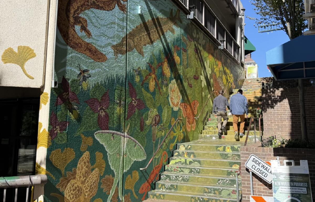 Two pedestrians walk up the colorful Wall Street steps in downtown Asheville, where artist Dayna Walton's "Meander" mural has been expanded onto the adjoining parking garage wall.