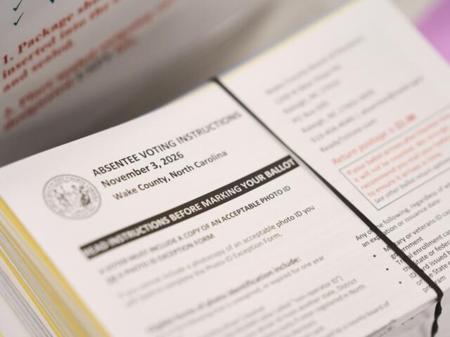 Absentee voting instructions for mail-in ballots are seen at the Wake County Board of Elections on Thursday, Sept. 3, 2026, in Raleigh, N.C. (AP Photo/Matt Ramey)