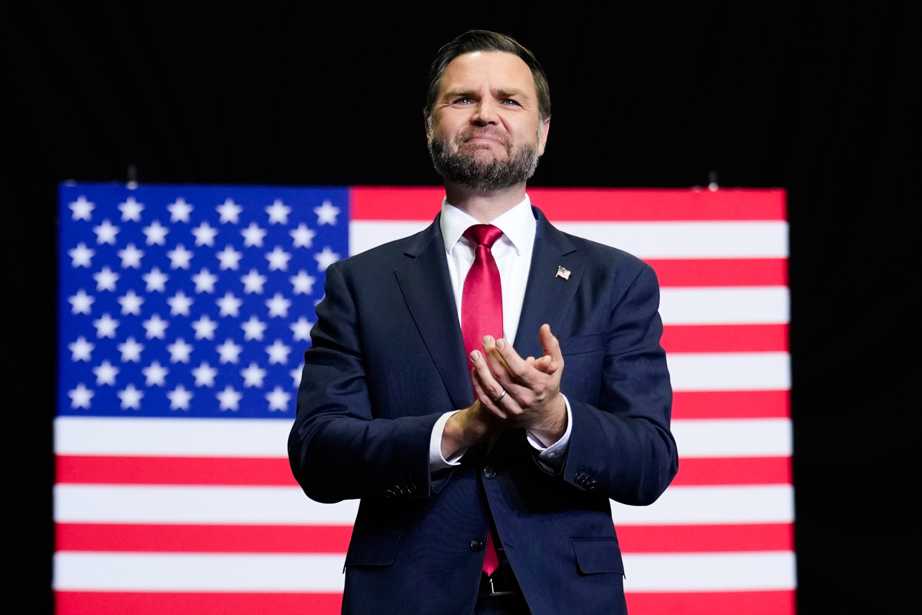 Vice President JD Vance speaks at a midterm campaign rally at the LevelUp Training Complex in Monroe, Mich., Thursday, Oct. 15, 2026. (Daniel Heuer/Pool Photo via AP)