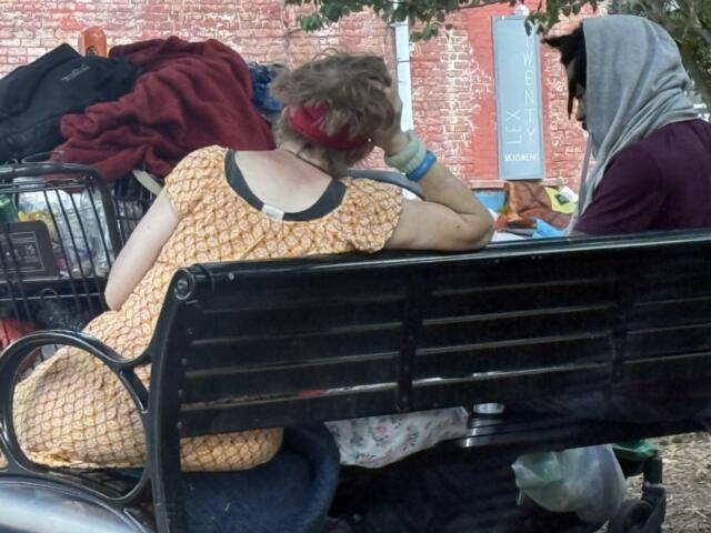 Two people who appear to be experiencing homelessness sit on a bench in Asheville. Concerns about homelessness and public safety in West Asheville have drawn increased attention from residents and city leaders.